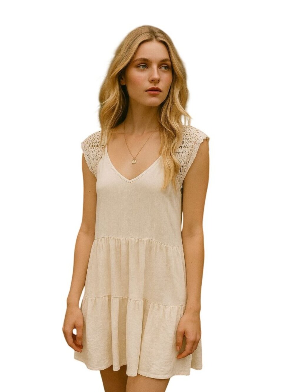 Altar'd State Crochet Sleeve Boho Cottage Core Womens Cream Tiered Dress M Cotto